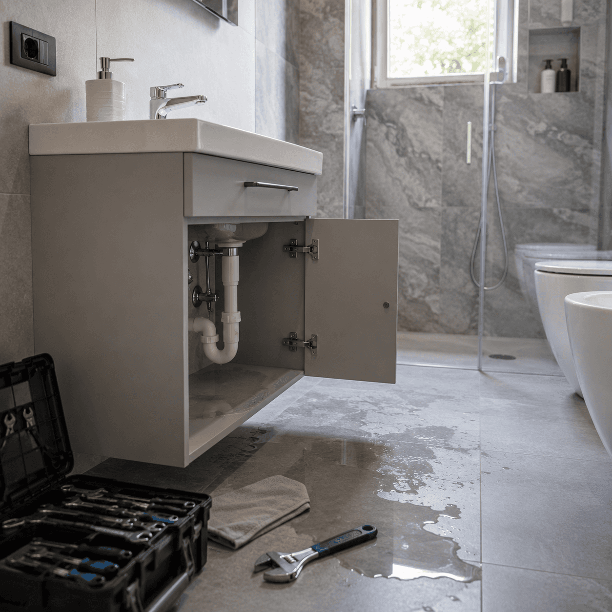 Intervento idraulico urgente per una perdita sotto il lavabo